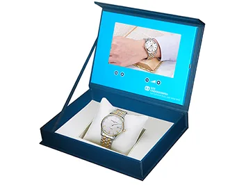 Caja azul para reloj, con vídeo del producto en la tapa
