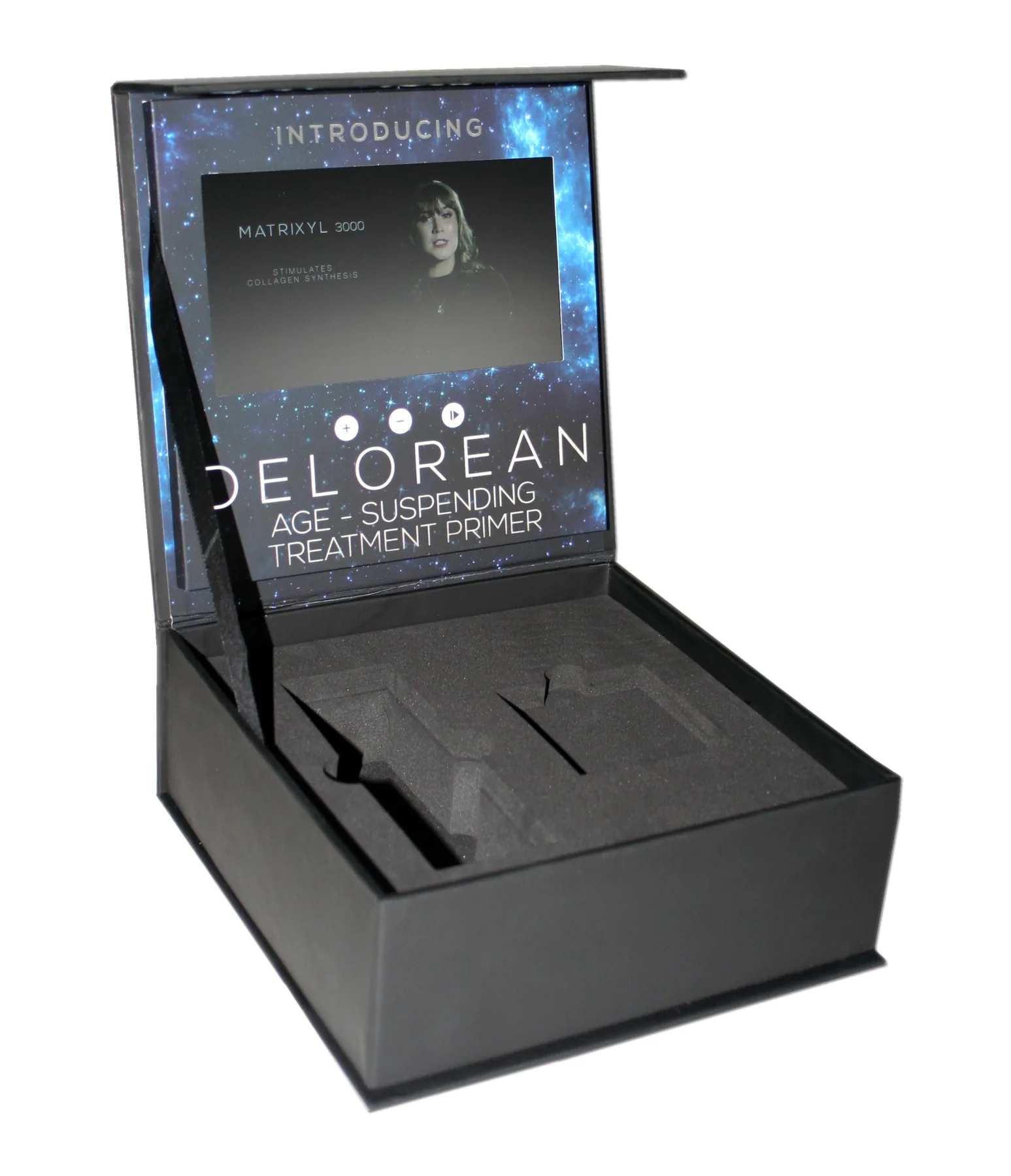 Caja Delorean con pantalla y bandeja de espuma troquelada