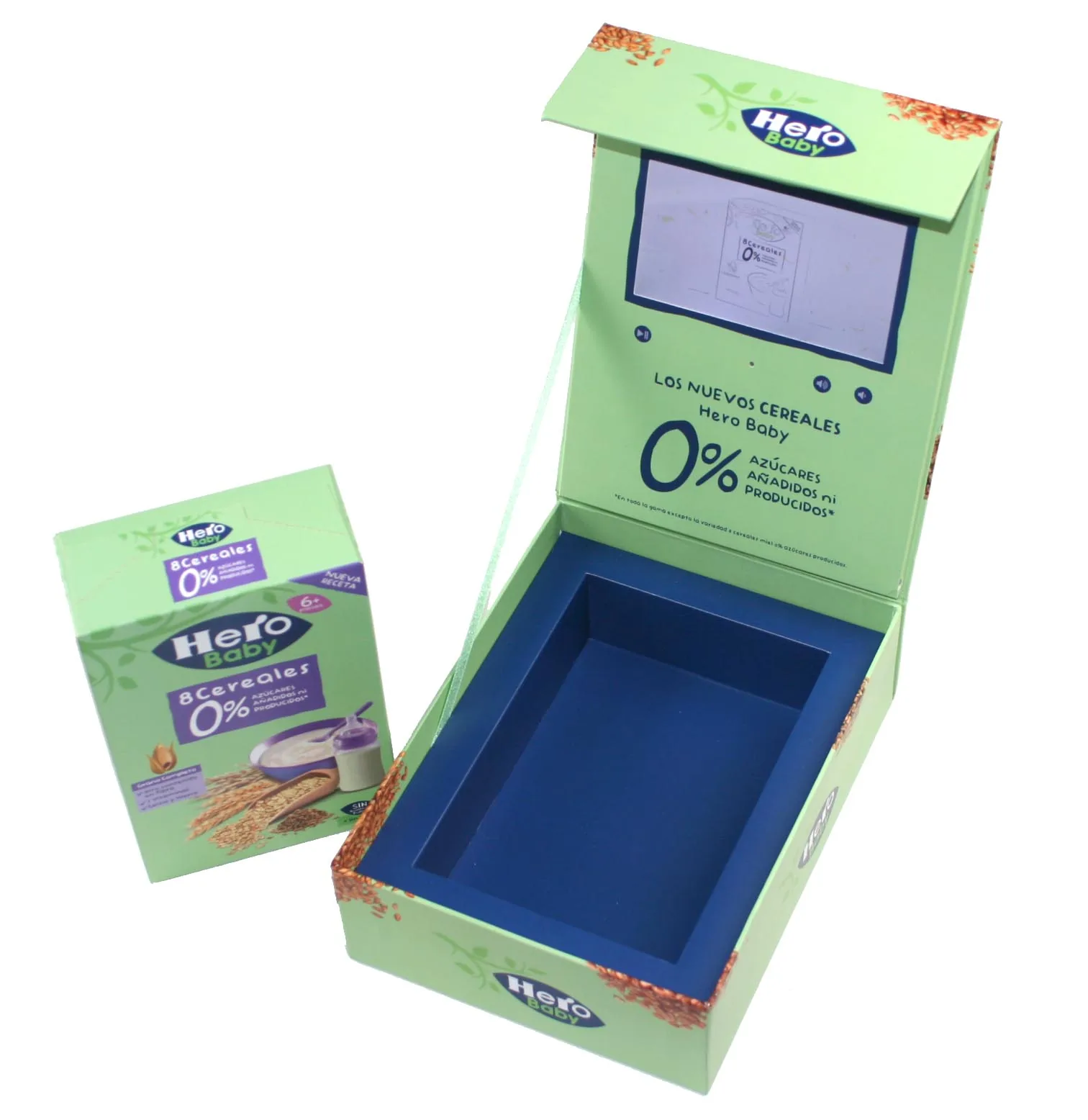 Caja Hero Baby abierta junto al paquete de cereales