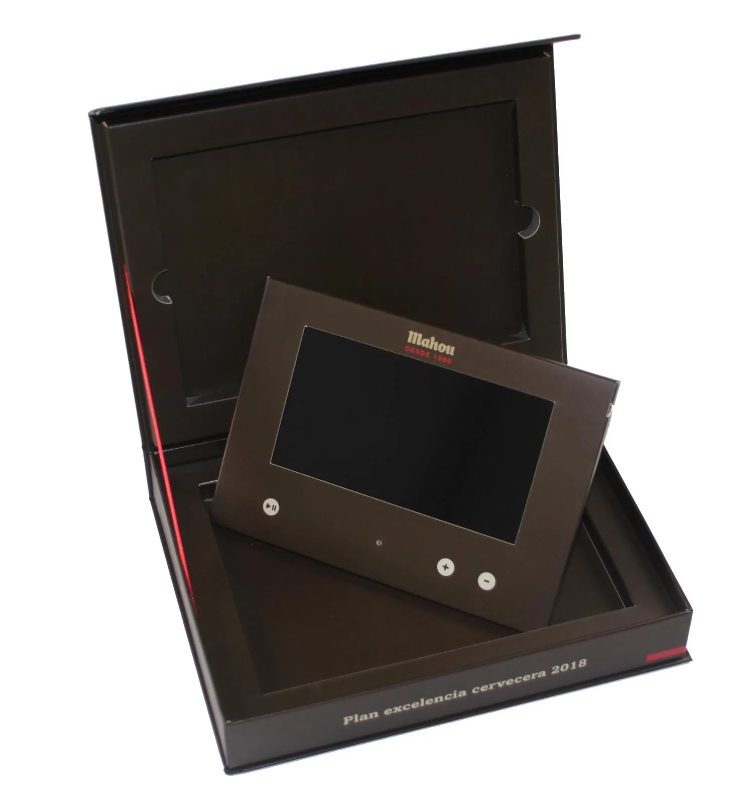 Caja Mahou abierta con pantalla extraíble y bandeja interior
