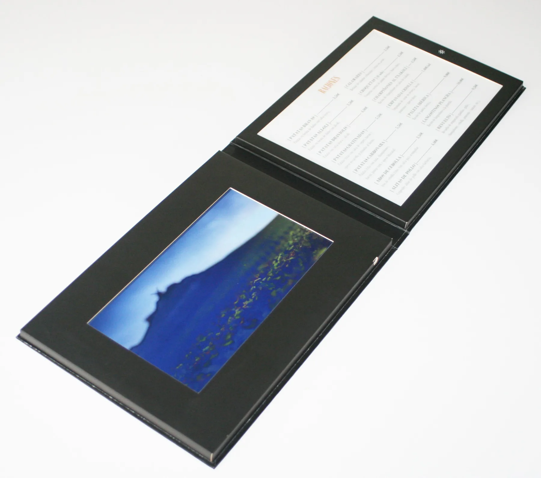 Carpeta gris abierta con pantalla y hoja de datos en la tapa